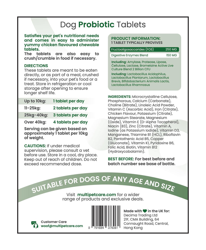 Probiotics for Dogs – 5-Strain 2 Billion CFU + Digestive Enzymes & Prebiotics | Gut Health, Firm Stools, Less Gas & Bloating | Full B-Complex Vitamins in One Tablet | Chicken Flavor | UK GMP | 120 Ct