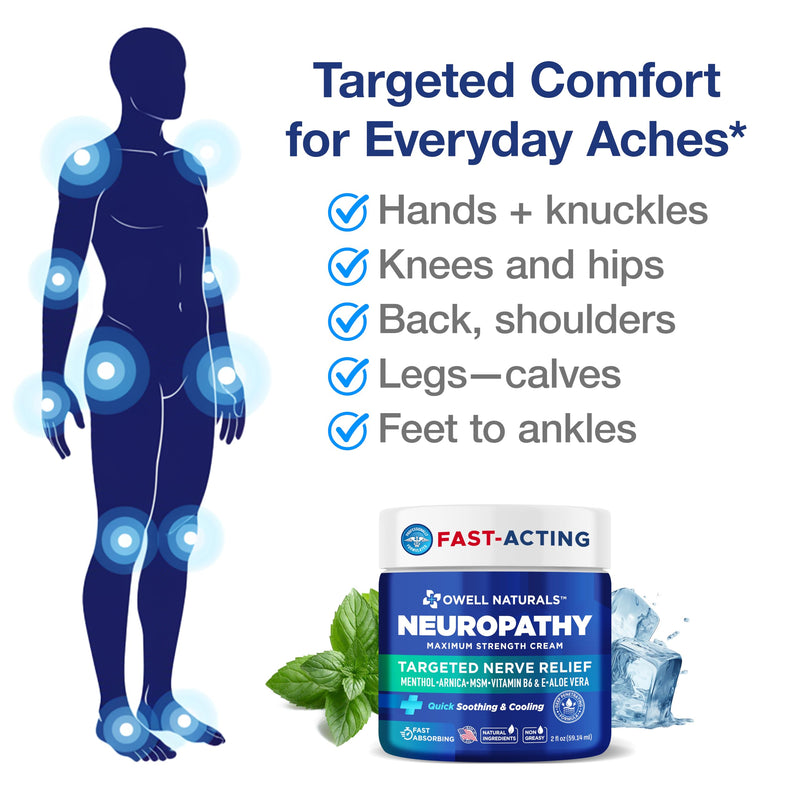 Owell Naturals Neuropathy Cream Extra Strength – Fast Absorbing Cooling for Leg, Feet & Hands – Advanced Soothing Formula with Aloe Vera, Arnica, MSM & Vitamin B6 – Made in USA, 2 fl oz (2 Pack) 2 Fl Oz (Pack of 2)