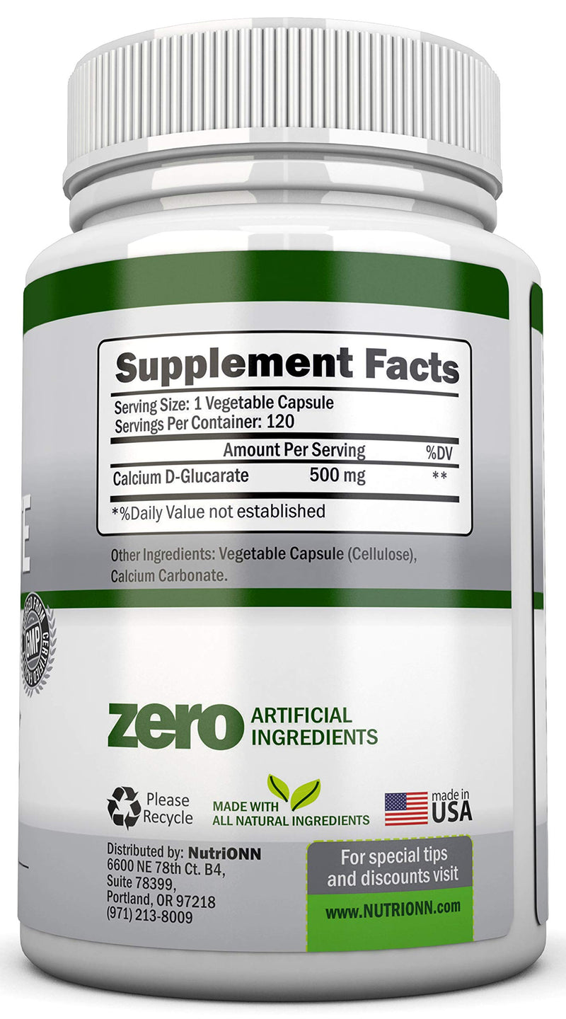 NutriONN Calcium D-Glucarate - 500mg - 120 Vegetable Capsules - Superior Potency to Support Cleansing Processes, Estrogen Metabolism & Hormonal Balance - Helps with Prostate, Breast & Colon Health