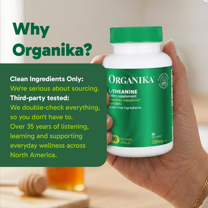 Organika L-Theanine Supplement 8 oz - 90 Capsules: 90 Day Supply of Clean Bioavailable L Theanine for Relaxation, Balance, and Calm - Easy-to-Swallow Single Capsule Servings Unflavored