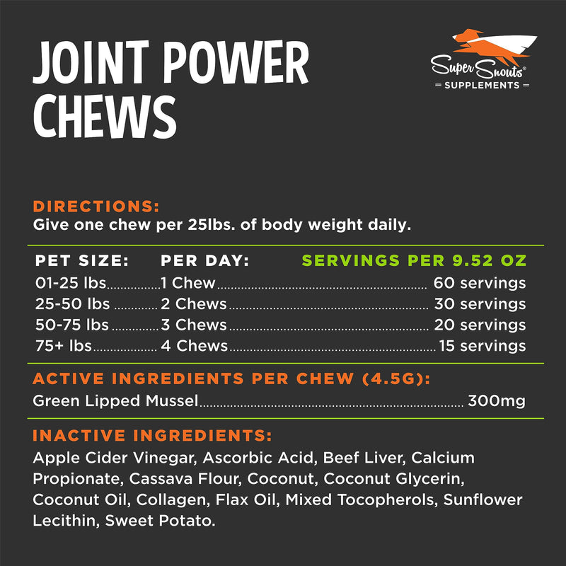 Super Snouts Joint Power – 60 Soft Chews – Joint Supplement for Dogs and Cats with Green Lipped Mussel Helps Ease Discomfort & Stiffness– Made in The USA - PawsPlanet Australia