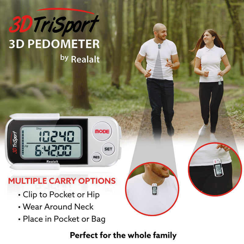 Realalt 3DTriSport 3D Walking Pedometer with Clip & Strap, Accurate Step Counter with 30-Day Memory, Distance in Miles/KM with Large Display Perfect for Seniors & Beginners, eBook Included One Size White