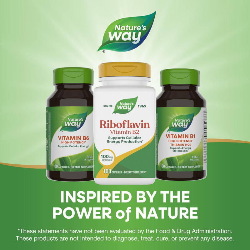 Nature's Way Riboflavin Vitamin B2, Cellular Energy Support*, 100 ct | 100 mg Riboflavin Per 1-Capsule Serving; Supports Cellular Energy Metabolism*; Made Without Gluten, Dairy, or Soy 100 Count (Pack of 1)