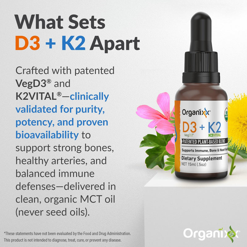 Organixx D3 K2 Supplement, Bone & Immune Health, MCT Oil, 30 Serv | Bioavailable D3 & K2 in MCT oil, Vitamin K2 directs calcium to bones; supports bone density, immune health & wellness
