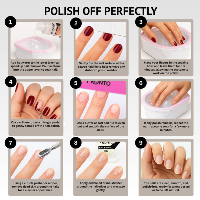 Pronto Gel Nail Polish Remover Kit - 16oz Pure Acetone, Nail Soaking Bowl, Moisturizing Cuticle Oil, Manicure Kit Including Gel Nail Polish Tools, Nail File, Nail Buffer, Cuticle Pusher & Nail Scraper 16 Fl Oz + Kit Bowl - BeesActive Australia
