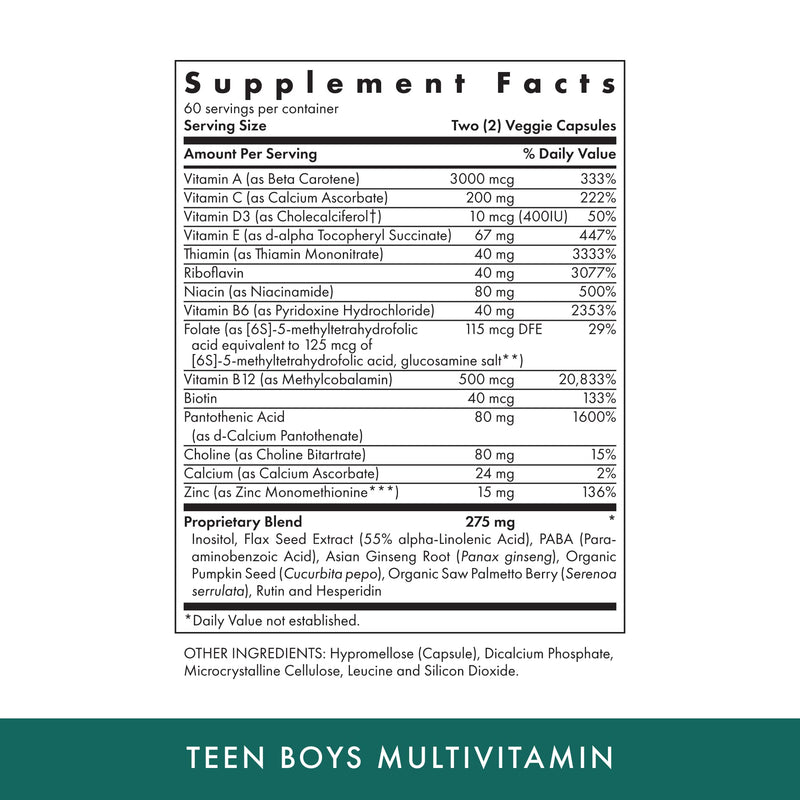 Michael's Health Naturopathic Programs Teen Boys - 120 Vegetarian Capsules - Daily Multivitamin Supplement - Kosher - 60 Servings