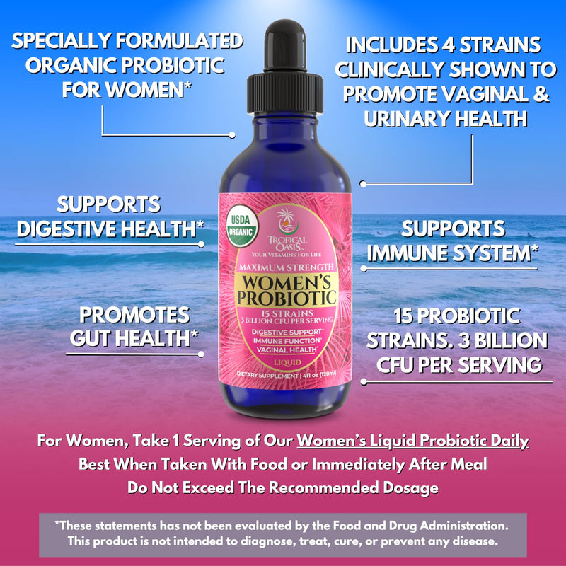 USDA Organic Liquid Probiotic for Women | PH Balance, UT, & Feminine Health | Digestive Support, Immune & Gut Health | 15 Clinically Studied Strains | 98% Absorption | Vegan, Non-GMO | 40 Servings 4 Fl Oz (Pack of 1)