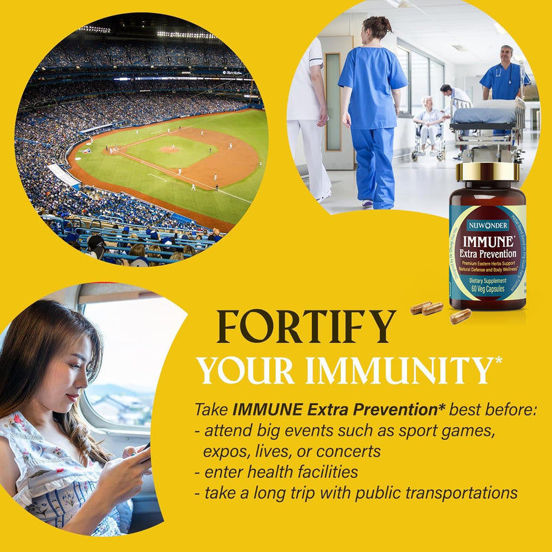 Immune Extra Prevention, Natural Immune Support, Clinically Tested Formula, Natural Defense, Body Wellness, Non-Drowsy, No Chemical Ingredient. Awarded the Greatest Inventions. 60 Capsules