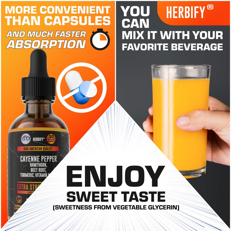 HERBIFY Cayenne Pepper Drops - Immune Support Supplement - Detox & Digestion Support - Cayenne Pepper Hawthorn Beet Root Turmeric Vitamin K2 D3 - Energy Supplements Extract - 2 Fl Oz - Made in USA