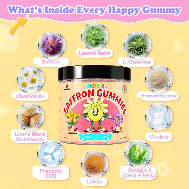 Saffron Gummies for Kids, Magnesium for Sleep Gummies, Calm Mood Gummies | with 100mg Saffron Extract, Magnesium Glycinate, Vitamin D, Omega-3, GABA, Ashwagandha, Sugar Free Vegan Chewable, 120 CT