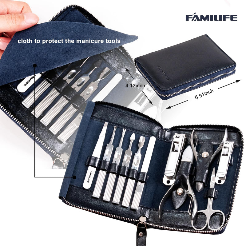 Manicure Kit, FAMILIFE Professional Manicure Set Nail Kit, 11 in 1 Stainless Steel Nail Clippers Set for Men Pedicure Tool, Men Grooming Tool with Portable Blue Leather Travel Case Luxury Gifts Navy Blue