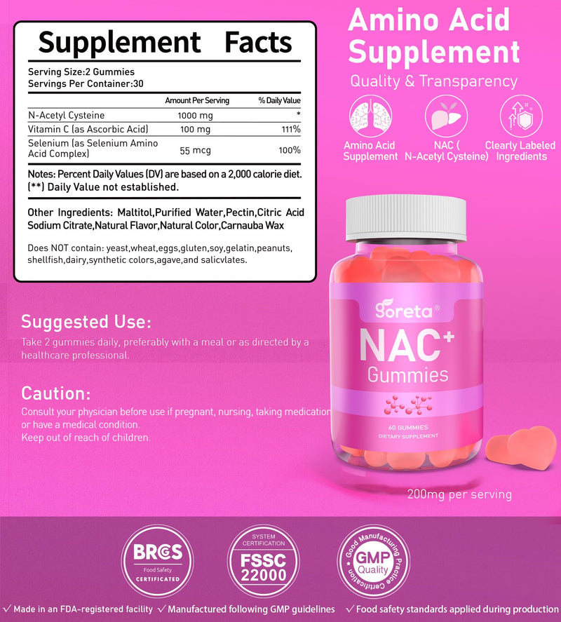 NAC Gummies 1000 mg with Vitamin C & Selenium, 60 Count | N-Acetyl Cysteine for antioxidant support*; for adults; non-GMO, gluten-free; 2 gummies daily; 30-day supply