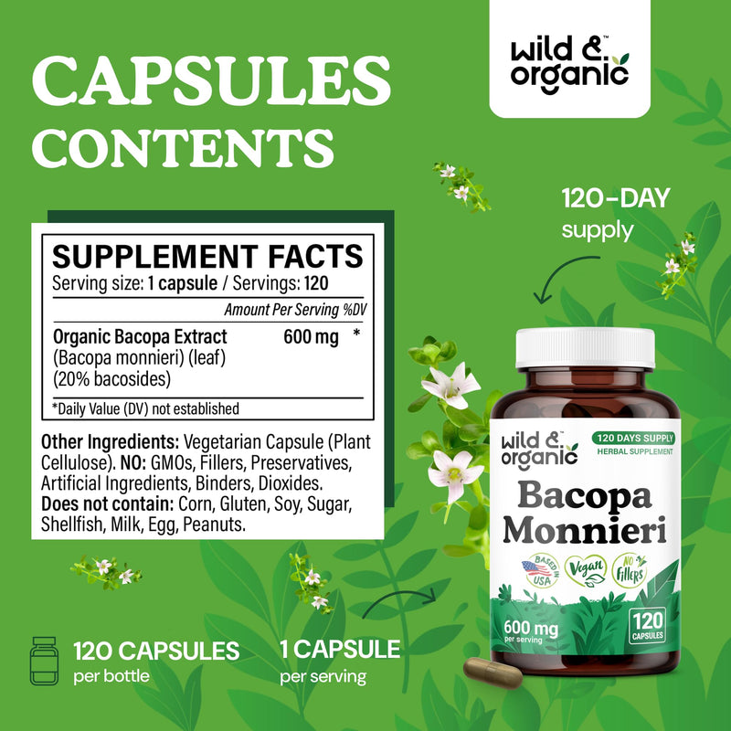 Wild & Organic Bacopa Monnieri Capsules 600 mg - Brain Support - Natural Bacopa Supplements - Brahmi Capsules - 120 Days of Supply - Vegan, No Fillers, Non-GMO - 120 Count