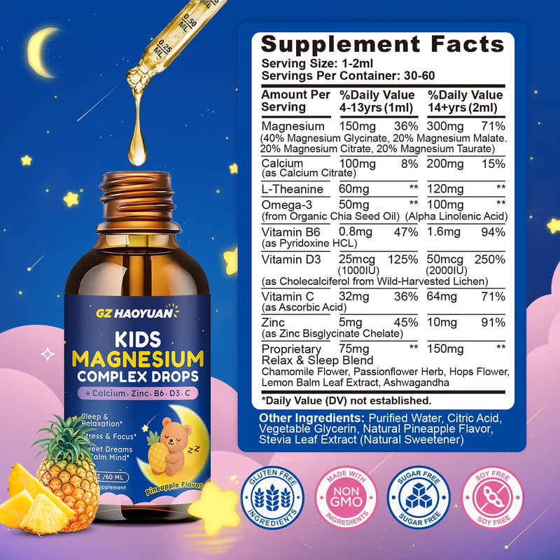 Magnesium Complex Liquid for Kids - Magnesium Glycinate, Malate, Taurate, Citrate with Calcium, Omega-3, L-theanine, Zinc,Vitamin B6 D3 C for Sleep, Relaxation, Calm & Focus, Pineapple Flavor, 2 Fl Oz 2 Fl Oz (Pack of 1)