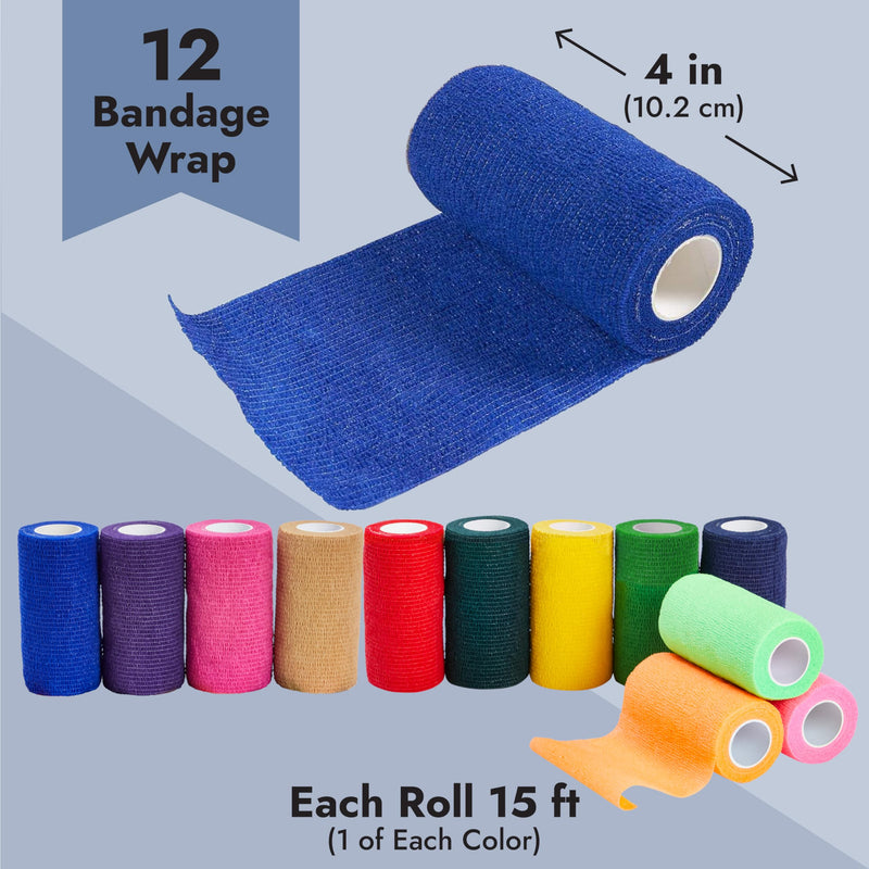 Juvale 12-Rolls Self Adhesive Bandage Wrap, Vet Tape - 4 in x 5 Yds Breathable, Elastic Cohesive Wrap Tape for Wrist, Swelling, Sports, Tattoo (12 Bright Colors) - BeesActive Australia