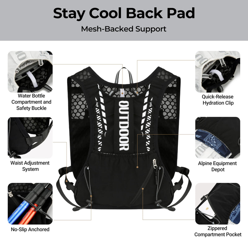 Hydration Running Vest with 1.5L Water Bladder for Hiking Backpack, Reflective Safety Vest for Men & Women, Lightweight Adjustable Marathon Gear for Trail Running Black 5L