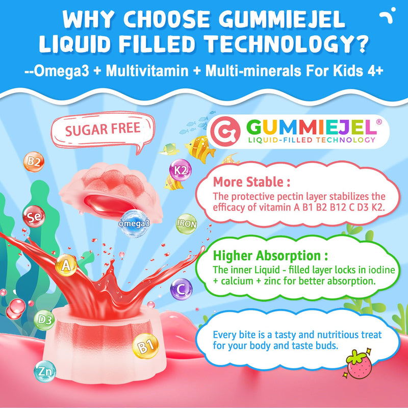 Nextdia Omega 3 (EPA/DHA) Filled Gummies for Kids with Multivitamin, Calcium + D3 + K2 + Zinc, Plus Vitamin A B1 B2 B12 C, Selenium, Iodine for Brain, Eye, Bone, Energy, No Fish Taste, 2 Pack 60 Count (Pack of 2)
