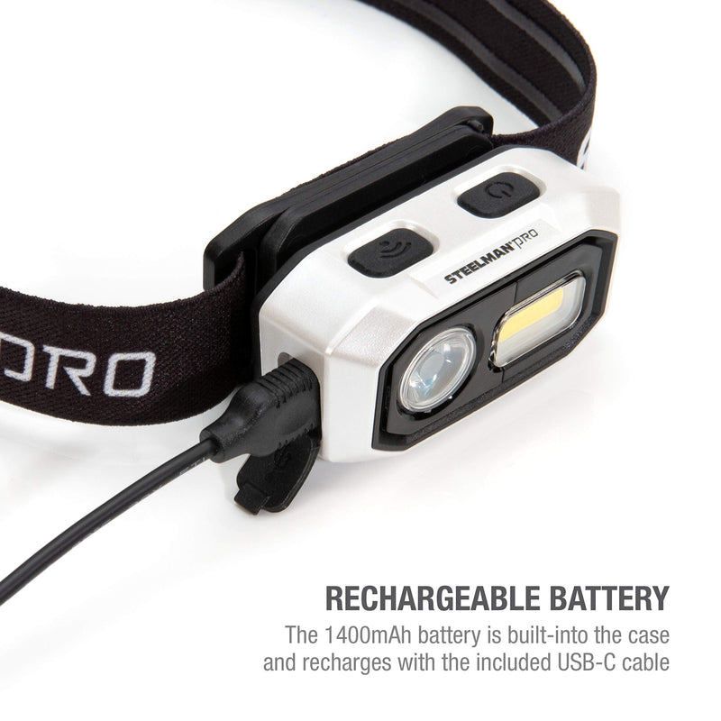 Steelman Pro 300 Lumen Hands-Free Motion-Activated LED Rechargeable Headlamp for Workshop or Outdoors, Spotlight and Area Light Modes, Removable Light, Fully Adjustable Headband