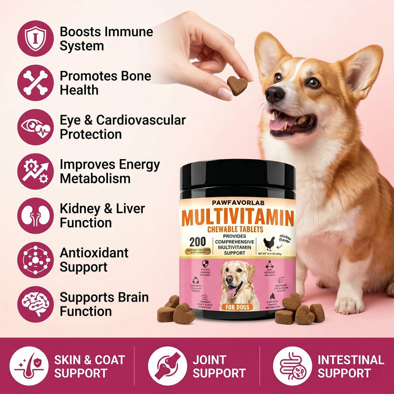 Dog Multivitamin Chewable Tablets (200 Count) – 24 in 1 Chicken Flavor Daily Dog Supplements & Vitamins with Glucosamine, Pumpkin, Krill Oil, Chondroitin, Probiotics & Omega-3 for Dogs of All Ages