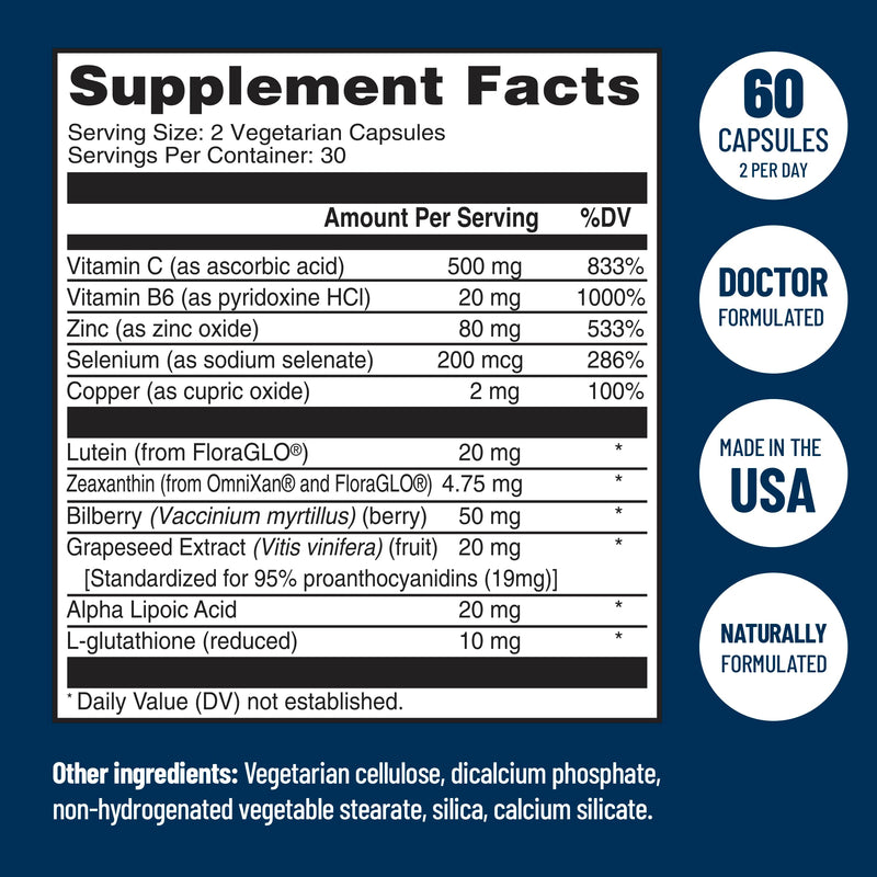 VisiVite AREDS 2 Eye Vitamins for Seniors Without Vitamin E, 60 Capsules | Doctor Formulated Lutein and Zeaxanthin Supplements for Adults with Vitamin C, B6, Zinc, Copper, Made in USA