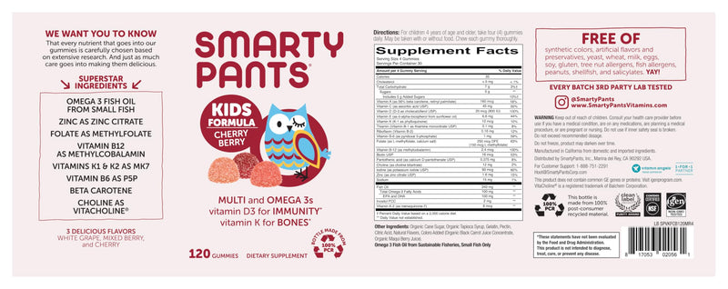SmartyPants Kids Multivitamin Gummies: Omega 3 Fish Oil (EPA/DHA), Vitamin D3, C, Vitamin B12, B6, A, K & Zinc for Immune Support, Biotin, Grape, Cherry & Berry Flavors, 120 Count (30 Day Supply) Kids Cherry Berry 120 Count (Pack of 1)