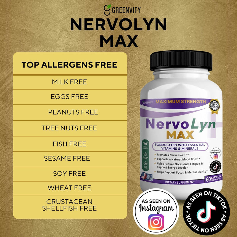 NervoLyn Max Maximum Strength Nerve Support Supplement, 60 Capsules, with Vitamin B Complex, Vegan, Gluten Free, Non-GMO, 30 Day Supply (1) 1