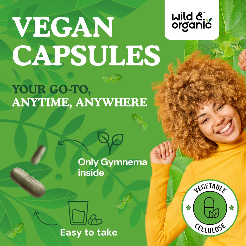 Wild & Organic Gymnema Sylvestre Capsules 600 mg - Overall Support - Natural Gymnema Supplement - Gurmar Herb Powder - 120 Days of Supply - Vegan, No Fillers, Non-GMO - 120 Count - BeesActive Australia