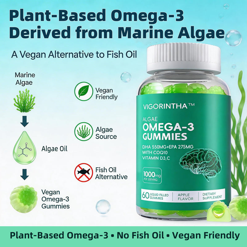 Vegan Omega 3 Gummies 1000mg with Coq 10, Vitamin D3,E,C,Omega 3 Fish Oil Alternative for Adults, Plant Based DHA 550mg & EPA 275mg for Brain, Mobility, Eye, Sugar Free, 60 Count 60 Count (Pack of 1)