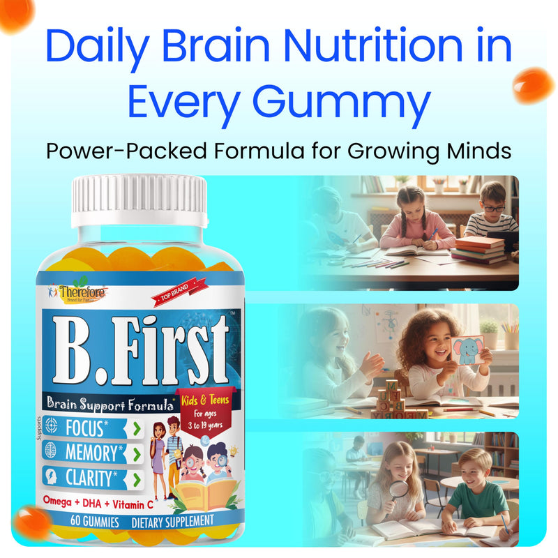 B.First Brain Focus Gummies for Kids & Teens, Omega 3 for Kids DHA Supplement, Chewable Brain Vitamins for Memory & Concentration, Focus Gummies for Children, Plant Based, Non-GMO, 60 Count
