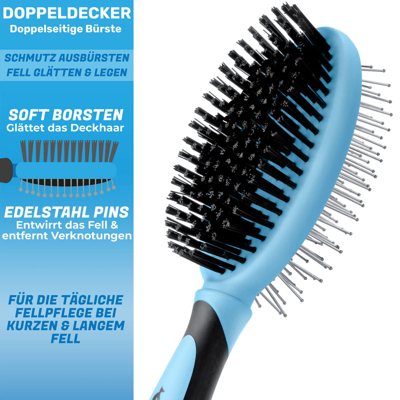 BluePet "DoppelDecker" 2-in-1 dog brush for long hair and short hair - also for puppies and cats - smoothing, detangling, brushing out - all-round talent for daily grooming blue - BeesActive Australia