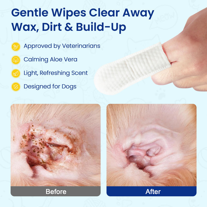 Pet Ear Cleaner Finger Wipes, Natural Ingredients Ear Finger Wipes for Dogs & Cats, Remove Ear Wax, Debris, Reduce Odor, Ear Itching & Inflammation, Unscented, Vet Formulated, 50 Count - BeesActive Australia