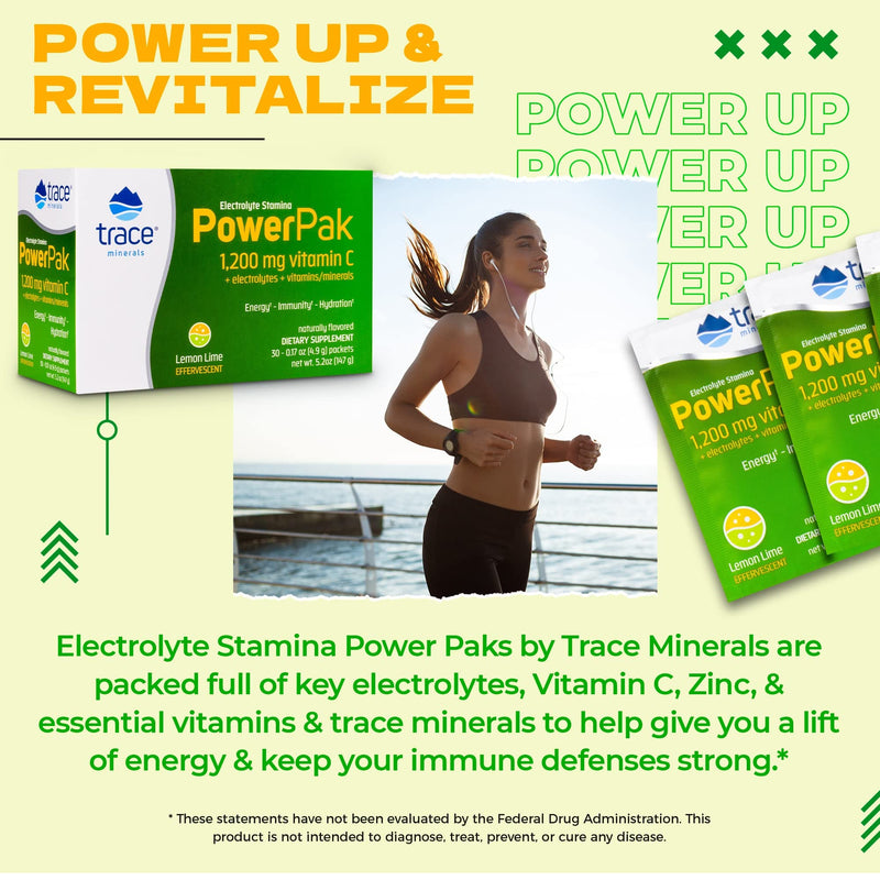Trace Minerals Power Pak Electrolyte Drink Mix, Lemon Lime, 30 Packets | 1,200 mg vitamin C per serving with zinc and magnesium. Promotes immunity and supports hydration. No artificial dyes.