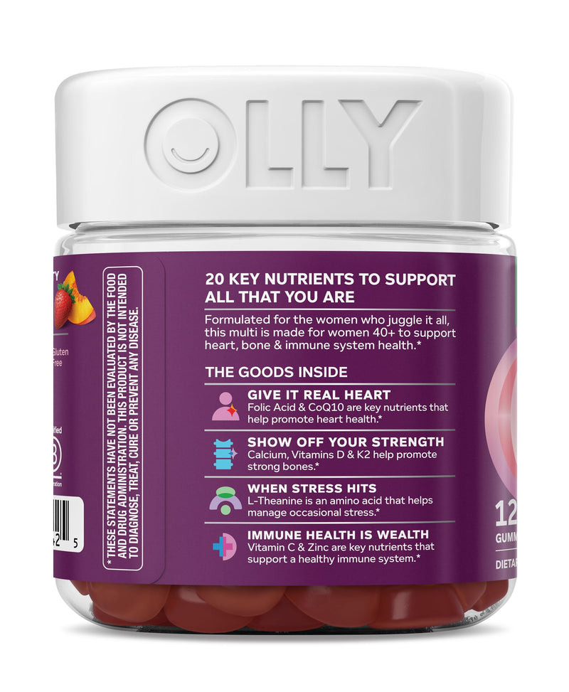 OLLY Women's 40+ Multi Gummies, 20 Key Nutrients Plus Vitamin K2, CoQ10, L-Theanine, Chewable Gummy Supplement, Peach Berry Flavored, 45 Day Supply - 120 Count
