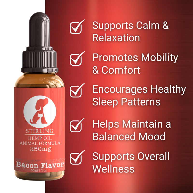 Stirling Powerful Hemp Oil for Dogs and Cats - Helps Relieve Pain and Sore Muscles - Reduces Dog and Cat Separation Anxiety - Calming - Relief - No Drowsiness - 250mg
