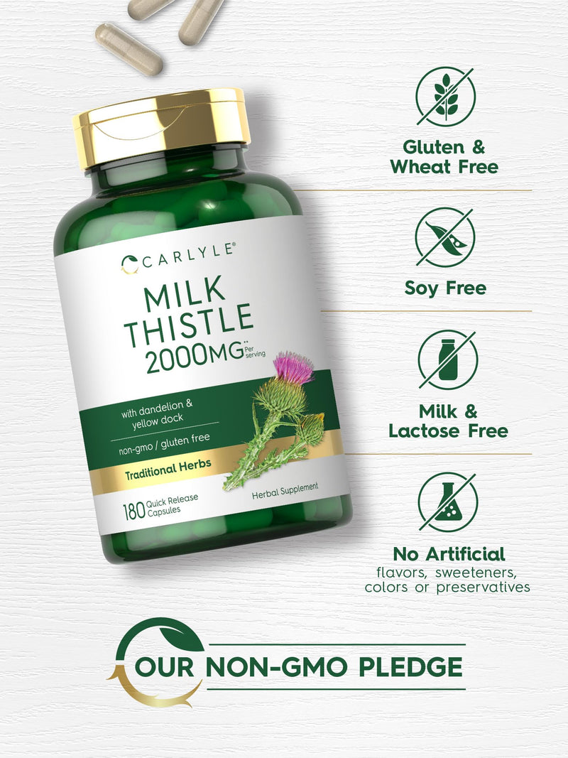 Carlyle Milk Thistle 2000mg | 180 Capsules | with Dandelion & Yellow Dock | Non-GMO, Gluten Free