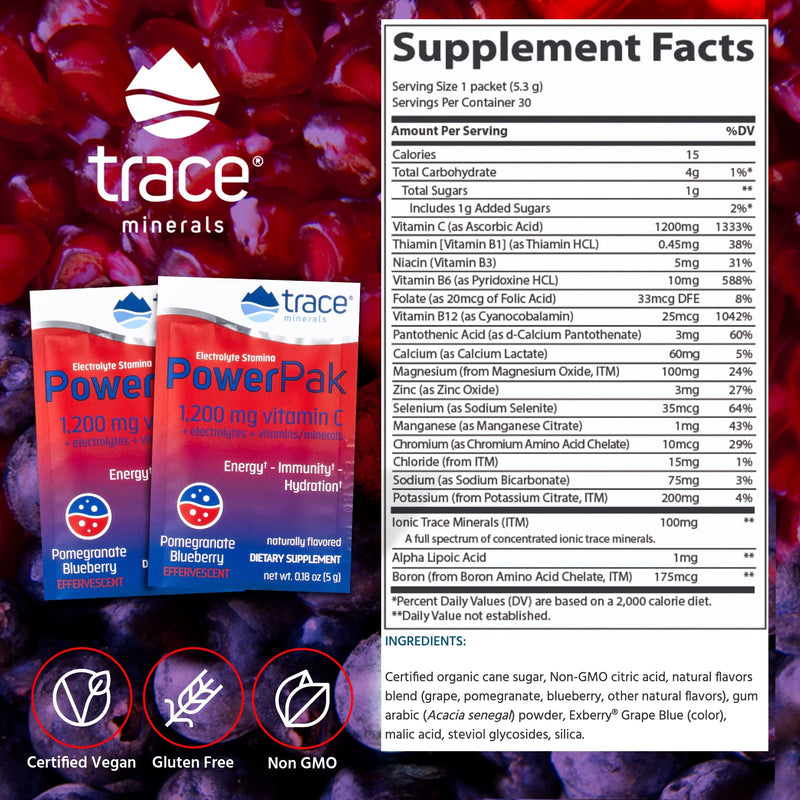 Trace Minerals | Power Pak Electrolyte Powder Packets | 1200 mg Vitamin C, Zinc, Magnesium | Boost Immunity, Hydration and Natural Energy | Pomegranate Blueberry | 30 Packets - BeesActive Australia