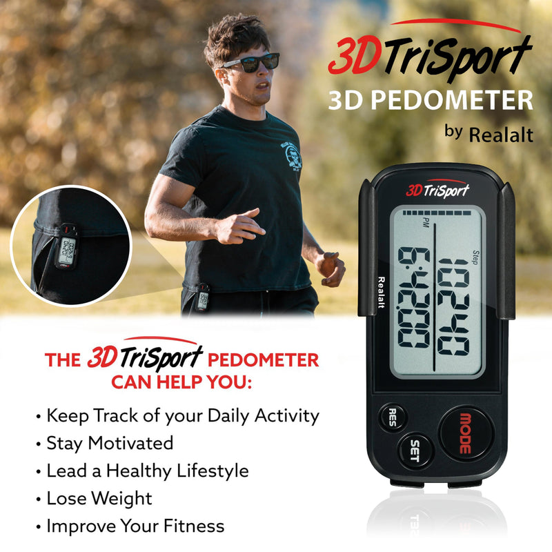 Realalt 3DTriSport 3D Walking Pedometer with Clip & Strap, Accurate Step Counter with 30-Day Memory, Distance in Miles/KM with Large Display Perfect for Seniors & Beginners, eBook Included One Size Stealth Black