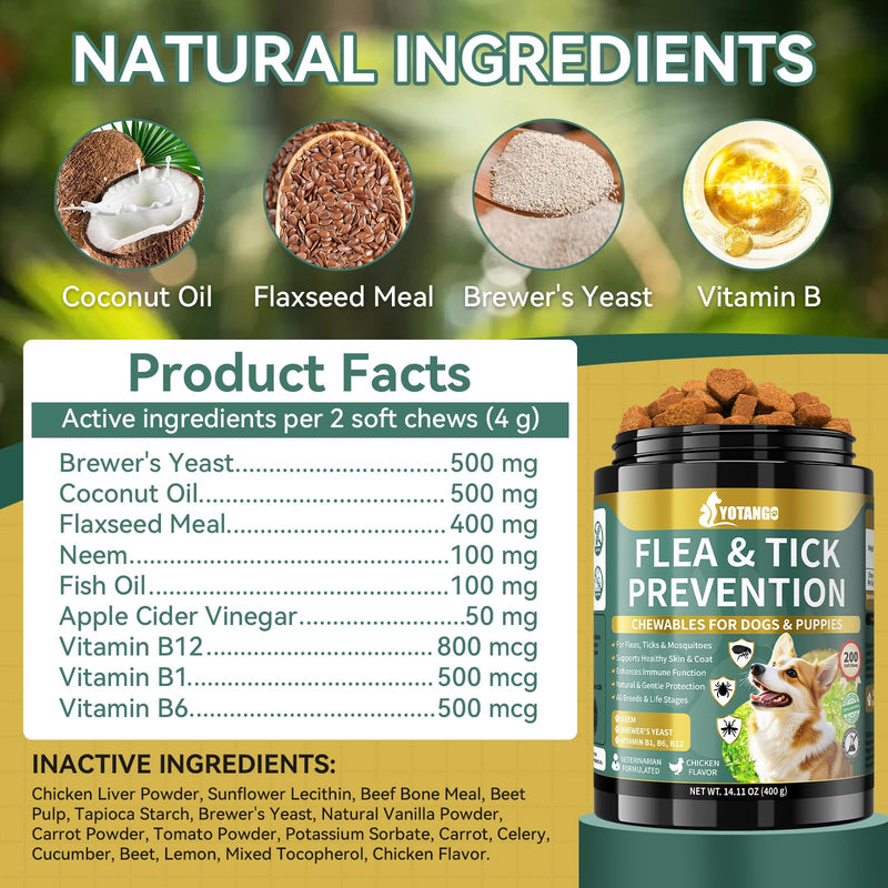 YOTANGO Natural Flea & Tick Support Chews for Cats & Dogs, 2-Pack Bundle for Natural Flea Prevention & Skin Health, 400 Chews Total, Safe & Effective, Plant-Based Formula for All Breeds