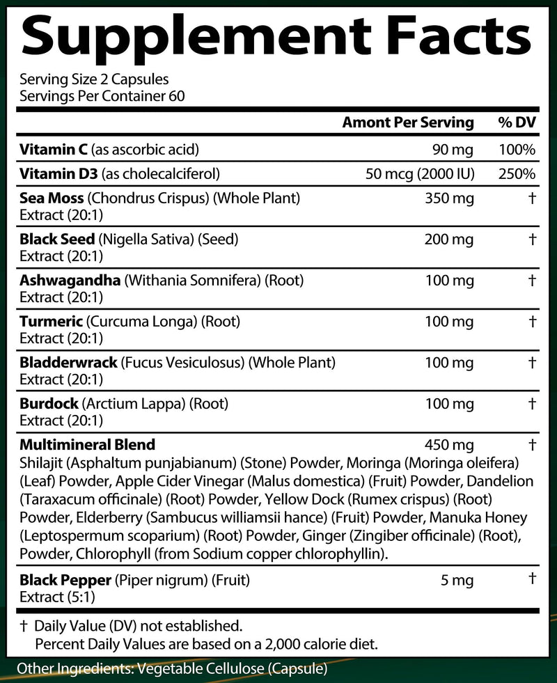 Sea Moss Black Seed Oil Ashwagandha Ginger, Organic Sea Moss Capsules with Burdock Root, Irish Seamoss Pills with Bladderwrack, Turmeric, Shilajit, Multimineral Supplement, USA (120 Capsules) 120 Count (Pack of 1)