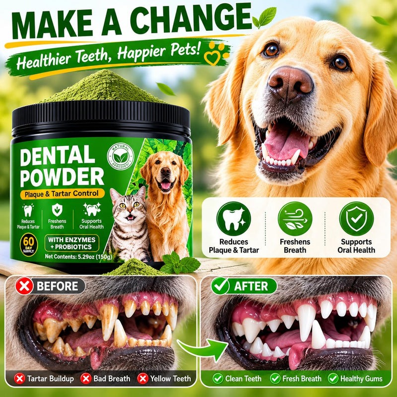Dog Dental Powder for Dogs, Dog Teeth Cleaning Powder, Dental Powder for Dogs Teeth, Plaque & Tartar Remover, Dog Breath Freshener, Natural Oral Care, 60-Day Supply