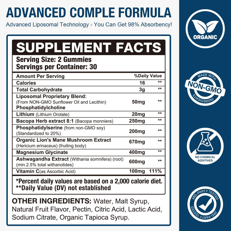 2 Pack Liposomal 20MG Lithium Orotate Gummies Complex Ashwagandha,Bacopa Herb,Lion's Mane Mushroom, Magnesium Glycinate,Vitamin C,for Mood & Immune Support,Digestive System Support