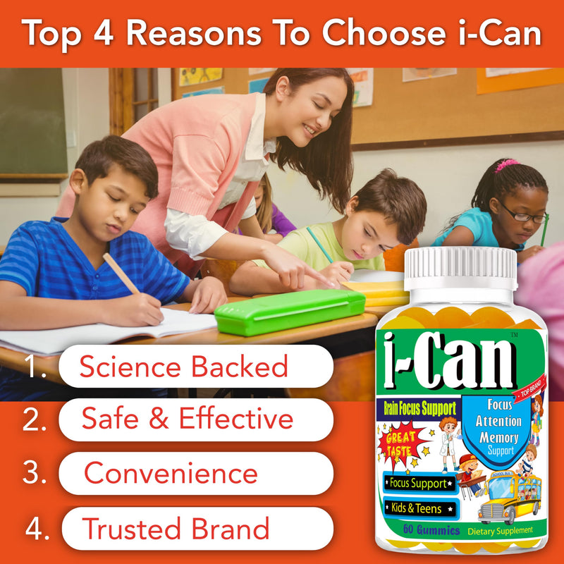 I-Can Kids Focus Gummies with Omega 3 DHA, Children’s Brain Support Vitamins, Memory Gummies for Teens, Focus Gummies for Kids, Youth Daily Supplement, Non-Fishy Taste, Low Sugar, 60 Count