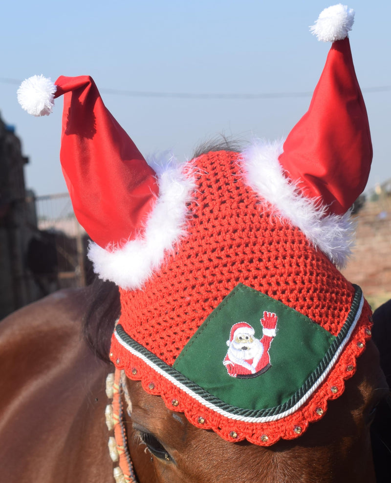 Santa Claus Christmas Horse Fly Bonnet Net Hat Hood Mask Fly Veil Full Hand Made Cotton Full (Red, Pony) Red - BeesActive Australia
