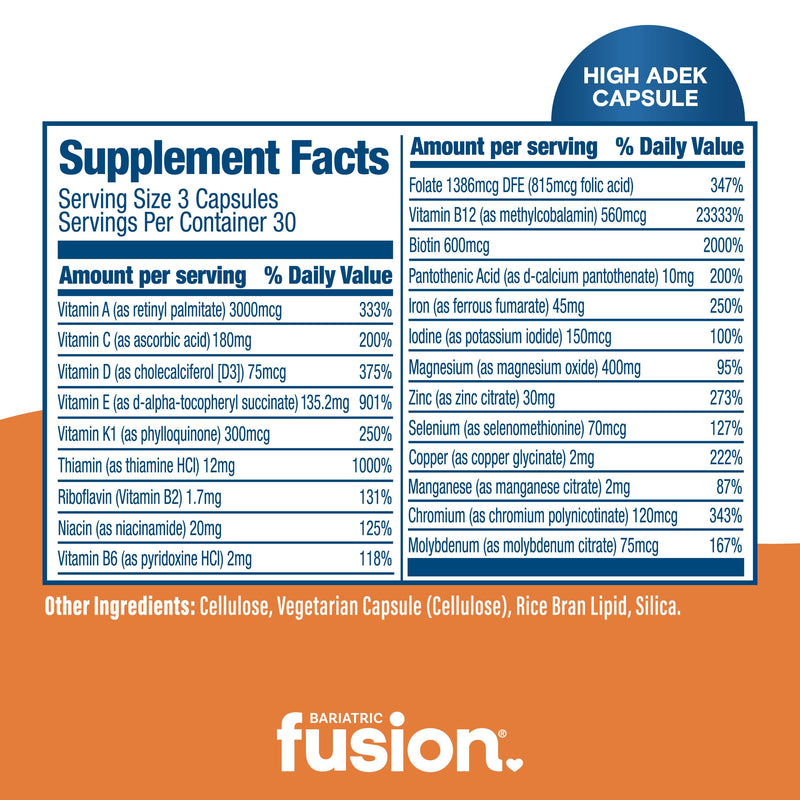 Bariatric Fusion High ADEK Multivitamin with Iron | Bariatric Multivitamin for Duodenal Switch | Easy to Swallow ADEK Vitamins Bariatric | 90 Capsules | One Month Supply