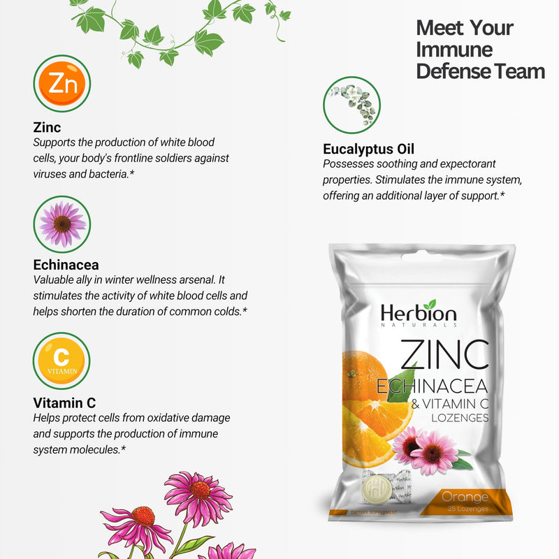 HERBION Naturals Zinc, Echinacea & Vitamin C Lozenges 25 CT, Dietary Supplement for Adults & Children 5+, Promotes Wellness for the Whole Family, 125 Count, Orange, Pack of 5 125 Count (Pack of 5)