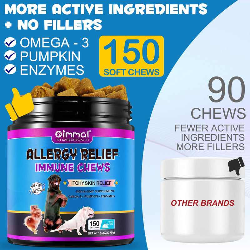 Dog Itch and Immune Chews, Itch Relief Allergy Relief for Dogs, Anti Itch for Dogs, Skin Allergy Treatment for All Dog Breeds, 150 Chews Duck Flavor Dog Skin& Coat Health Supplement