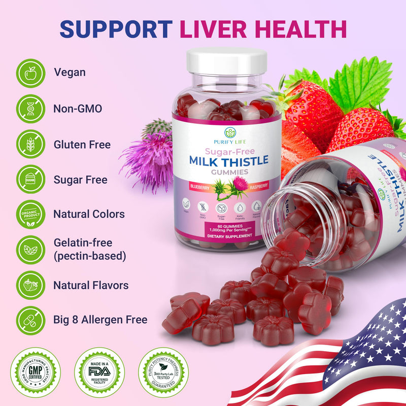 Sugar-Free Milk Thistle Gummies for Liver Cleanse Detox & Repair (Natural Blueberry-Raz Flavor) Cardo Mariano, Cleansing Milk Thistle Extract & Antioxidant Support, Vegan, Replaces Pills & Capsules Milk Thistle Liver Detox - BeesActive Australia