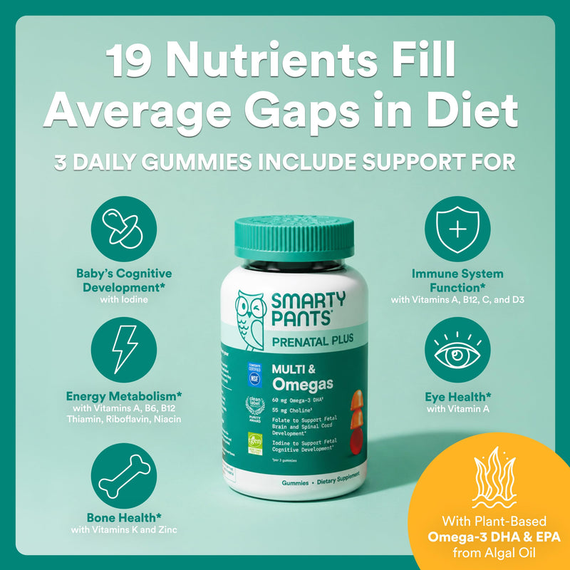 SmartyPants Prenatal Multivitamin Gummies with Omega 3 DHA/EPA, Methylfolate, Biotin, Vitamins D3, C, B12, B6, A, K, and Zinc, Gluten Free, Clean Label, Two Fruit Flavors, 90 Gummies (30 Day Supply) 30 servings, 90 Count Multi + Omega - 30 Day Supply