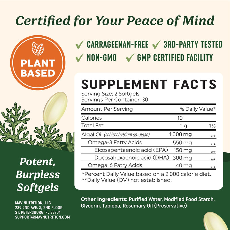 Vegan Omega 3 Algae Oil | Plant Based DHA EPA | Sustainably Sourced, No Carrageenan, Non GMO | Heart, Brain, and Eye Health | Fish Oil Alternative | Algae Omega 3 Supplement | 60 Softgel Capsules 60 Capsules - BeesActive Australia