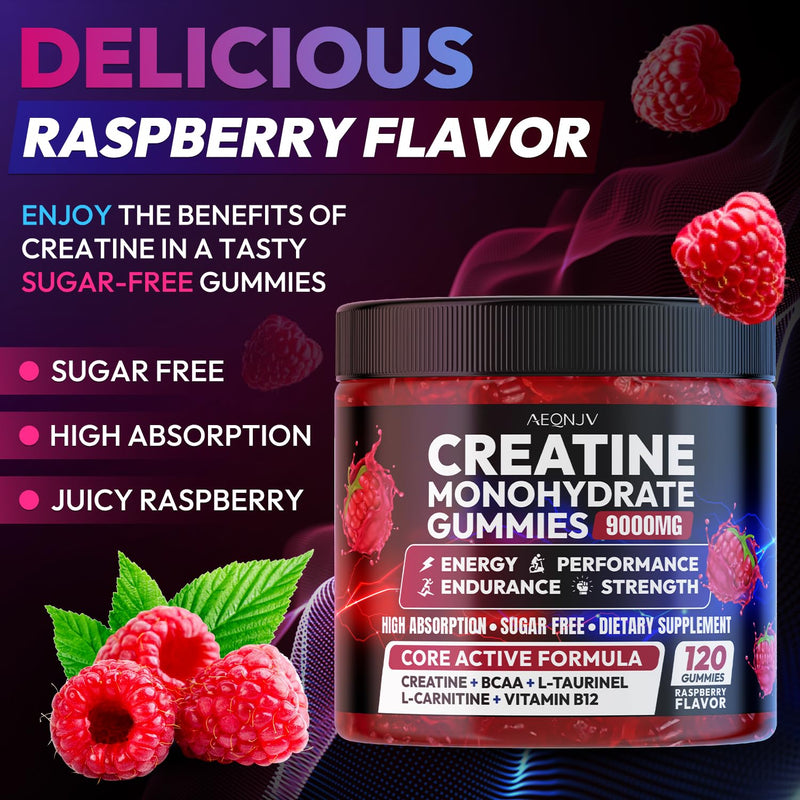 Creatine Gummies Monohydrate Complex 9000MG, Pre-Workout for Men & Women, Creatine Gummy with L-Taurine, BCAA 2:1, B12/6 for Muscle Support, Enhance Strength, Energy Boost-120 Count Raspberry 120 Count (Pack of 1)